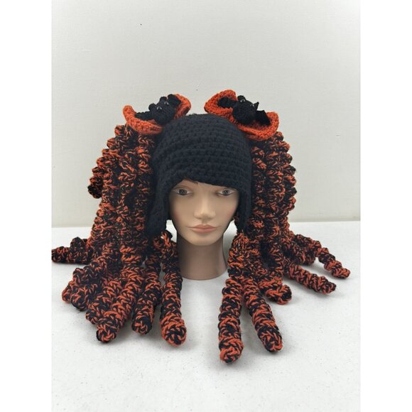Handmade Crochet Halloween Wig Kawaii Hat Bats Bows Curls  Adults Black Orange - Picture 1 of 9